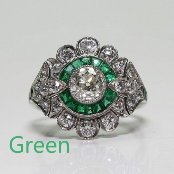 Vintage Inspired Green Enamel Clear Cubic Zirconia Ring - Picture 1 of 6